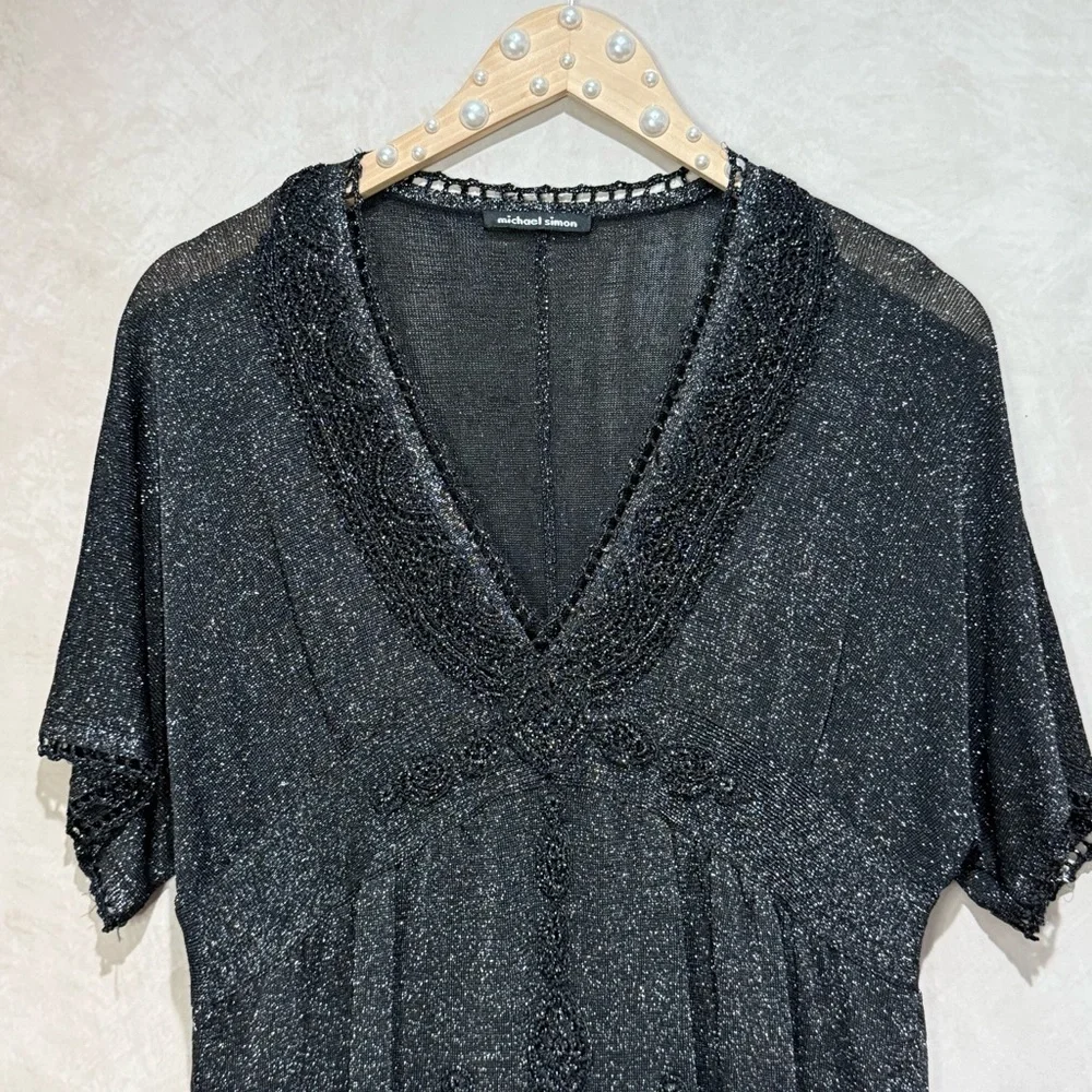 Michael Simon Vintage Black Gold Lurex Blouse, Whimsigoth 90s/Y2K Glam Holiday - Picture 2 of 15